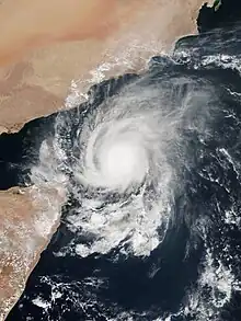 A satellite image of Extremely Severe Cyclonic Storm Megh (05A) at peak intensity just north of the island of Socotra in the Arabian Sea on 8 November