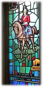 Memorial Stained Glass window, 2770 LCol KL Jefferson is wearing a pre-1914 brass spiked helmet of the 12th Manitoba Dragoons, Royal Military College of Canada.