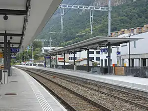 Double-tracked railway line with canopy-covered side platforms