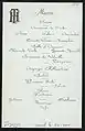 Menu for dinner for Hastings on eve of his wedding to Helen Benedict. Sherry's, Manhattan, April 26, 1900.