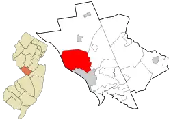 Location of Ewing Township in Mercer County highlighted in red (right). Inset map: Location of Mercer County in New Jersey highlighted in orange (left).