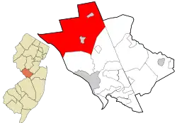 Location of Hopewell Township in Mercer County highlighted in red (right). Inset map: Location of Mercer County in New Jersey highlighted in orange (left).