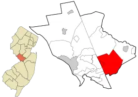 Location of Robbinsville Township in Mercer County highlighted in red (right). Inset map: Location of Mercer County in New Jersey highlighted in orange (left).