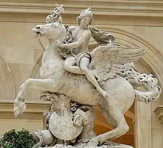 Mercury riding Pegasus, (1701–02) by Antoine Coysevox (1640–1720). Originally at Marly, moved to the Tuileries in 1719 and placed at the west gate of the garden. In 1986 the original of marble was moved to the Louvre and replaced by a copy