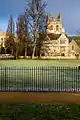 View north from Broad Walk of Merton College with the tower of Merton College Chapel, looking across Merton Field