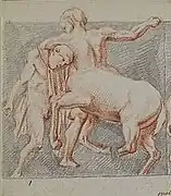 Drawing of a man fighting a centaur.