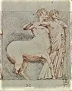 Drawing of a man fighting a centaur.