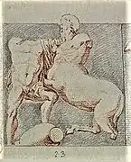 Drawing of a man fighting a centaur.