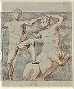 Drawing of a man fighting a centaur.