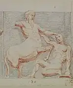 Ancient drawing of a fight between a man and a centaur.