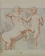 Ancient drawing of fight between a man and a centaur.