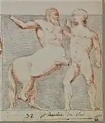 Ancient drawing of fight between a man and a centaur.