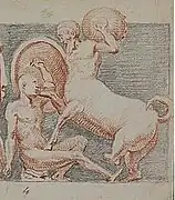 Drawing of a man fighting a centaur.