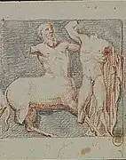 Drawing of a man fighting a centaur.