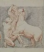 Drawing of a man fighting a centaur.