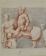 Drawing of a man fighting a centaur.