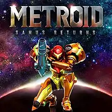 The cover art shows Samus Aran, a woman in an orange, full-body armour, kneeling with her arm cannon raised in front of a starry sky.