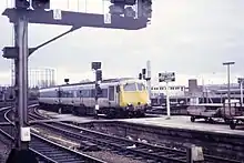 Blue Pullman in grey and blue livery arriving at Bristol Temple Meads in 1973.