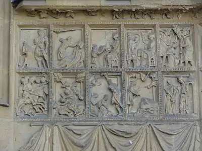 13th-century sculpture around the portal; The story of David and Goliath  (above) and the martyrdom of Saint Maurice (bottom)