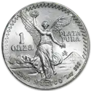 Reverse of the 1982-1995 design showing frontal view of the Angel of Independence with the volcanoes Popocatépetl and Iztaccíhuatl