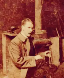 A photograph of artist Michael Healy. Year unknown. The resolution is not very high, and slightly sepia coloured.