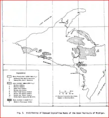 This map shows the distribution of Michigan's Upper Peninsula's crystalline rocks. One is a southerly band from the Marquette area and the other straddles the Michigan-Wisconsin border, with a southwesterly orientation.