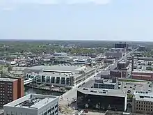 Looking east from the top of the Boji Tower showing the corner of Michigan and Grand avenues, part of the Capitol Loop