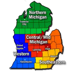 Regions and major cities of the Lower Peninsula