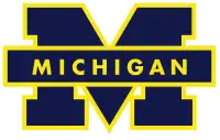 A blue block M with maize-colored borders and the word Michigan across the middle