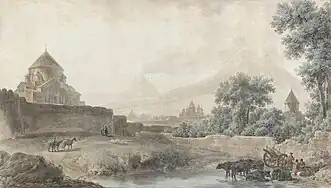 A 1783 watercolor of the churches of Etchmiadzin by Mikhail Matveevich Ivanov. St. Hripsime Church can be seen on the left.