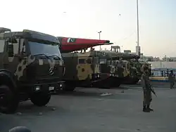 The Atego truck, with visible Pakistani military markings (seen in left), is a transporter vehicle of Ghauri, ca. 2008.