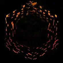 A dark model of a block of grass from Minecraft, surrounded on the edges by a much larger black and orange cube, with a black background.