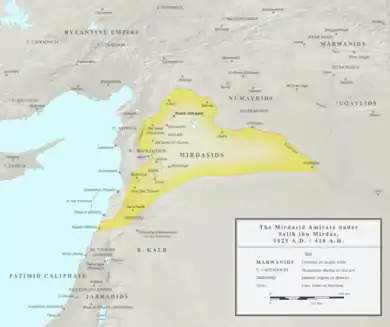 Map of the Mirdasid emirate at its zenith during the rule of Salih ibn Mirdas in 1025