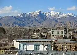 Photograph of houses with a snowy mountain in the background