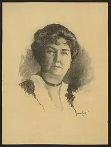 A charcoal drawing of a middle-aged white woman with dark hair in a bouffant style