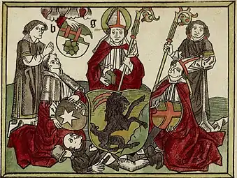 Image 31In the middle is the patron saint of Finland, Saint Henry, on the right side of him is Bishop Konrad Bitz and on the left is Dean Magnus Stjernkors; from Missale Aboense (1488) (from History of Finland)