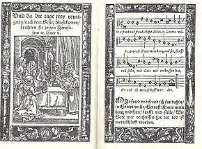 two pages from a historic hymnal from 1548, on the left page an illustration of the Presentation of Jesus at the Temple with a header, on the right page the sheet music of the tune with the text of the first stanza under the notes and also below