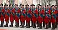 An honor guard salutes during the welcoming ceremonies for Air Force General Richard B. Myers, who became the first Chairman of the Joint Chiefs of Staff to visit Mongolia, January 2004.