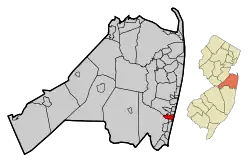 Location of Belmar in Monmouth County highlighted in red (left). Inset map: Location of Monmouth County in New Jersey highlighted in orange (right).