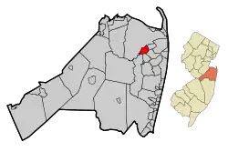 Location of Red Bank in Monmouth County highlighted in red (left). Inset map: Location of Monmouth County in New Jersey highlighted in orange (right).