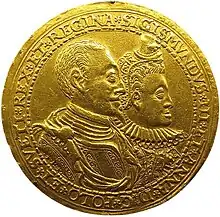 Gold coin featuring King Sigismund and Queen Anne, 1598