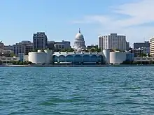 Wisconsin State Capitol viewed over Monona Terrace from Lake Monona.