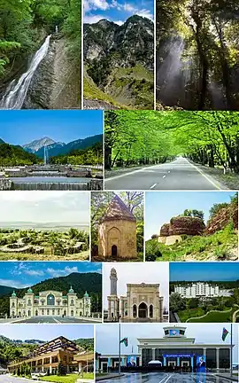 From top: Qafqaz Riverside Resort Center; II left: The ruins of Qabala Fortress, right: A medieval Juma Mosque in Imam Baba Tomb; III left: Statue of Ismayil Bey Gutqashenli, right: Gabala International Music Festival; Bottom: Qabaland amusement park