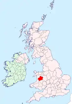 Montgomeryshire shown within the United Kingdom