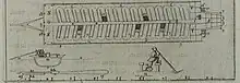 A schematic drawing of a galley from the top and as a cross section. The cross section shows the position of rowers. An additional drawing shows the position of an individual rower mid-stroke with his leg chained to the bench