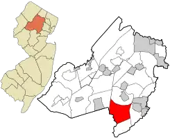 Location of Harding Township in Morris County highlighted in red (right). Inset map: Location of Morris County in New Jersey highlighted in orange (left).