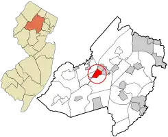 Location of Mine Hill Township in Morris County highlighted and circled in red (right). Inset map: Location of Morris County in New Jersey highlighted in orange (left).