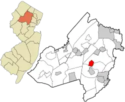 Location of Morris Plains in Morris County highlighted in red (right). Inset map: Location of Morris County in New Jersey highlighted in orange (left).