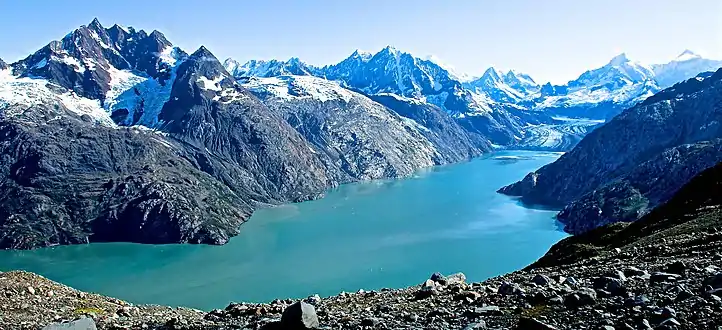 Mt. Cooper (left) and Johns Hopkins Inlet. Mt. Abbe (center)