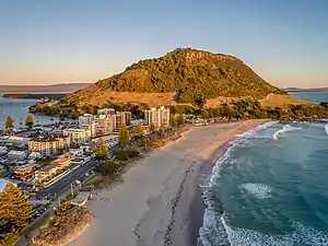 Mount Maunganui at sunrise, aerial view